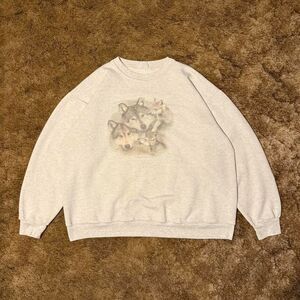Vintage Y2K Wolf Family Nature Art Crewneck Sweatshirt Grey XLarge